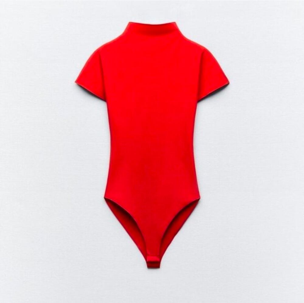 NWT Zara Vibrant Red Mockneck Cap-Sleeve Bodysuit